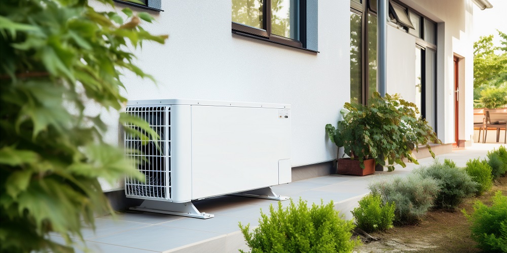 Eine neue Wärmepumpe von einer Fachfirma für Wärmepumpenmontage steht vor einem Einfamilienhaus